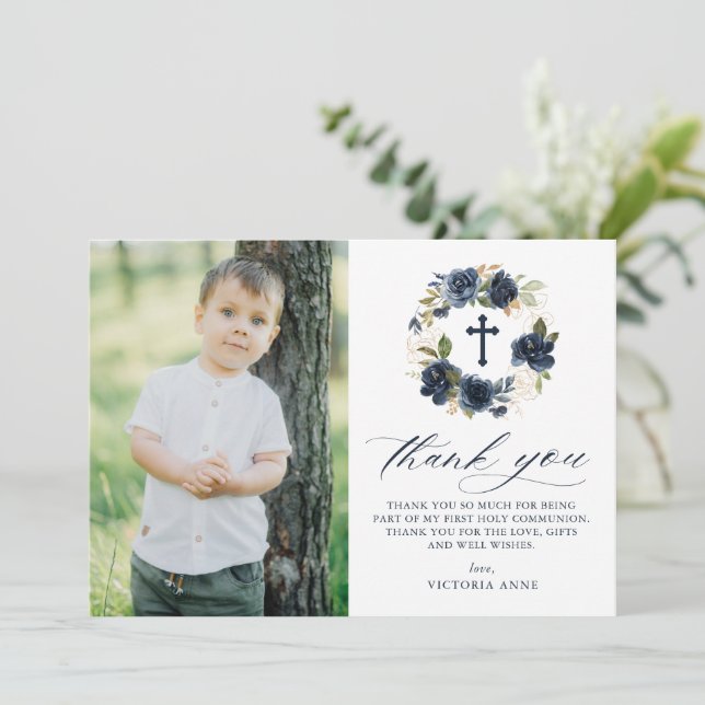 Navy Blue Rose Floral Wreath Photo First Communion Thank You Card (Standing Front)