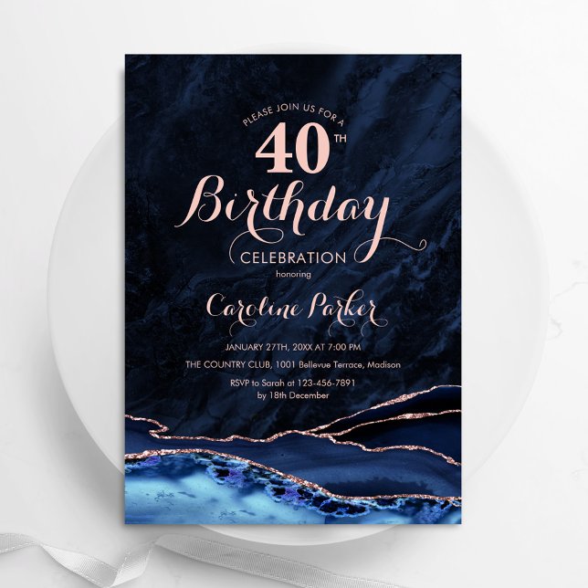 Navy Blue Rose Gold Agate 40th Birthday Invitation (Creator Uploaded)