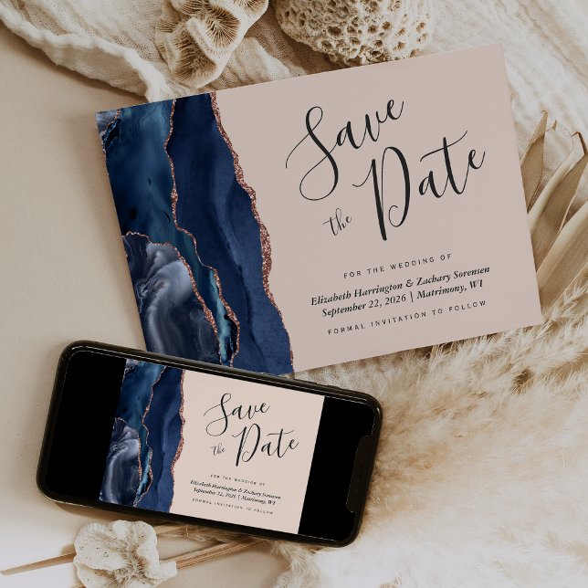 Navy Blue Rose Gold Agate Blush Save the Date Card (Creator Uploaded)