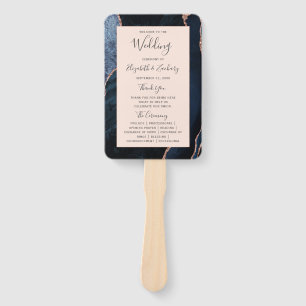 Navy Blue Rose Gold Agate Blush Wedding Program Hand Fan