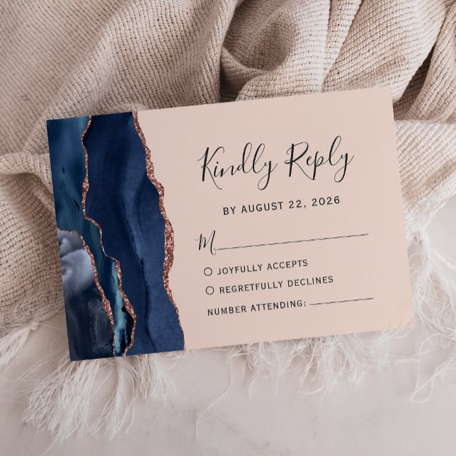 Navy Blue Rose Gold Agate Blush Wedding RSVP (Creator Uploaded)
