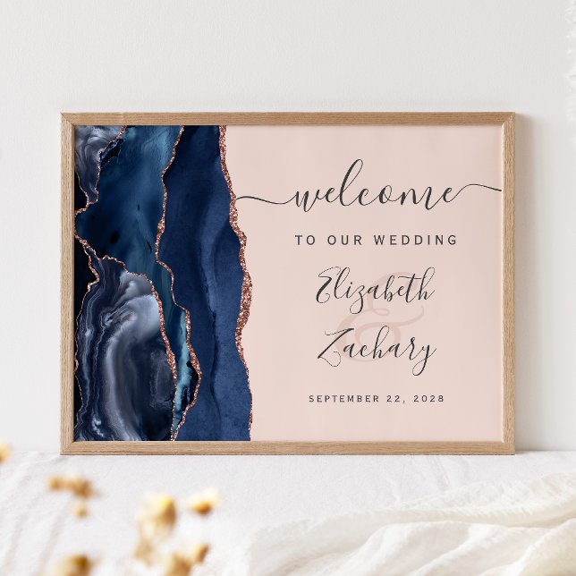 Navy Blue Rose Gold Agate Blush Wedding Welcome Poster (Creator Uploaded)