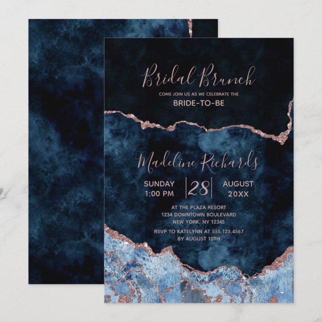 Navy Blue Rose Gold Agate Bridal Brunch Invitation (Front/Back)