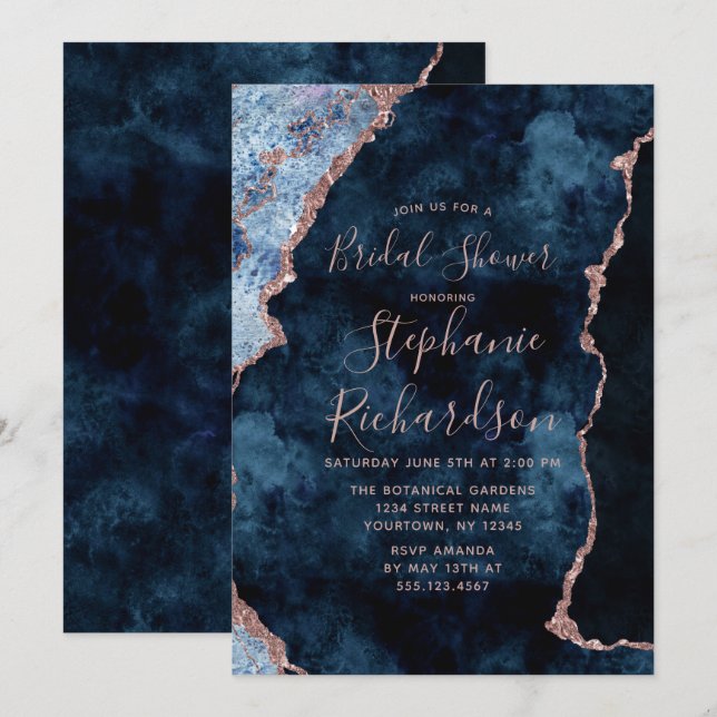 Navy Blue Rose Gold Agate Bridal Shower Invitation (Front/Back)