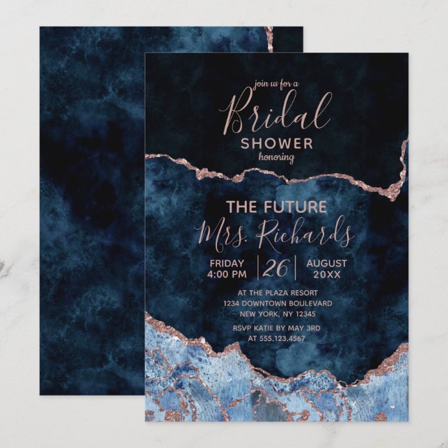 Navy Blue Rose Gold Agate Bridal Shower Invitation (Front/Back)