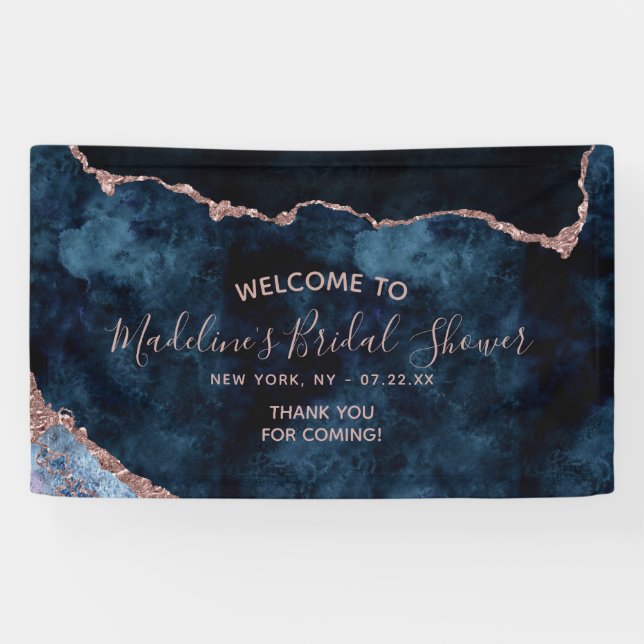 Navy Blue Rose Gold Agate Bridal Shower Welcome Banner (Horizontal)