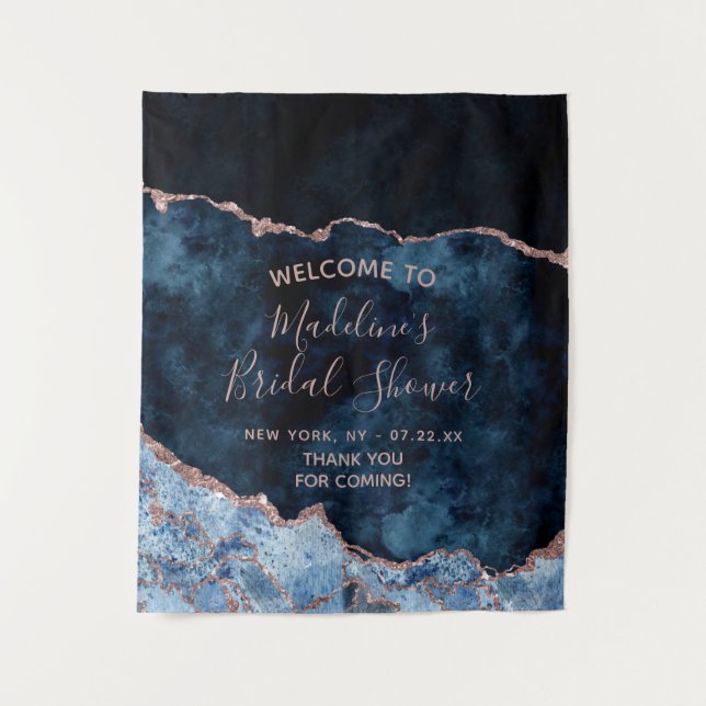 Navy Blue Rose Gold Agate Bridal Shower Welcome Tapestry (Front)