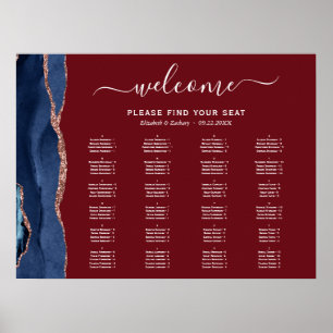 Navy Blue Rose Gold Agate Burgundy Wedding Seating Poster