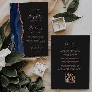 Navy Blue Rose Gold Agate Dark QR Code Wedding Invitation