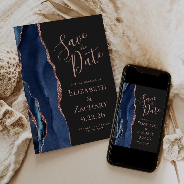 Navy Blue Rose Gold Agate Dark Save the Date (Creator Uploaded)