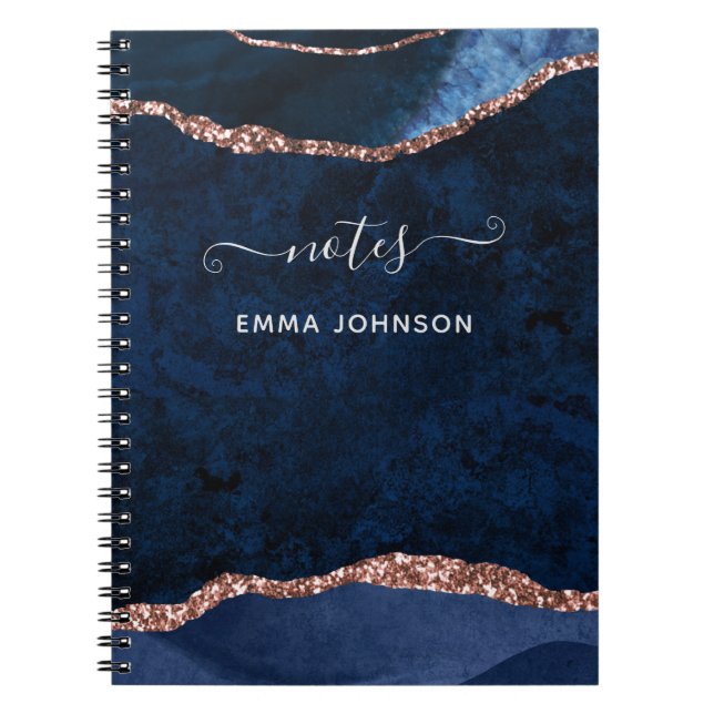 Navy Blue Rose Gold Agate Geode Name Watercolor Notebook (Front)
