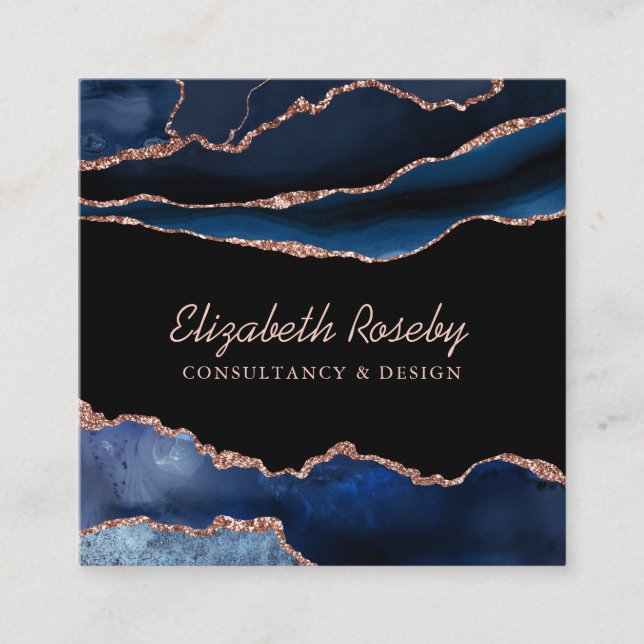 Navy Blue Rose Gold Agate Geode Square Business Card (Front)