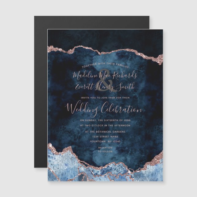 Navy Blue Rose Gold Agate Gilt Wedding Invitation (Front/Back)