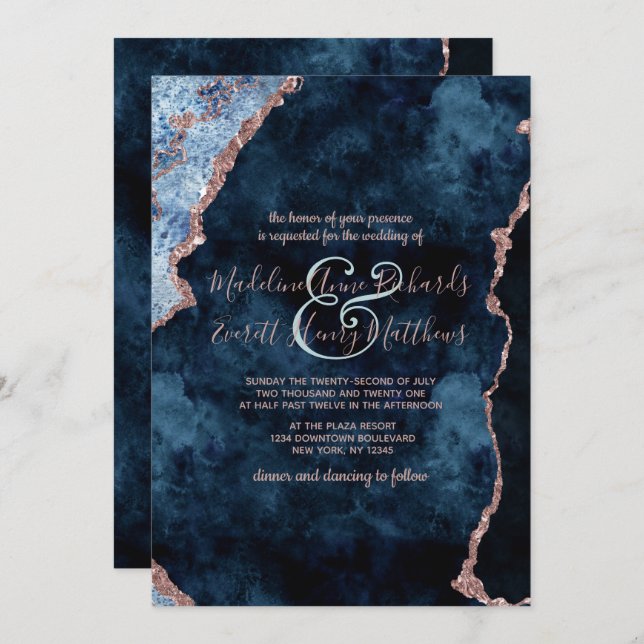 Navy Blue Rose Gold Agate Gilt Wedding Invitations (Front/Back)