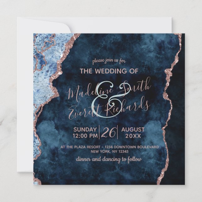 Navy Blue Rose Gold Agate Gilt Wedding Invitations (Front)