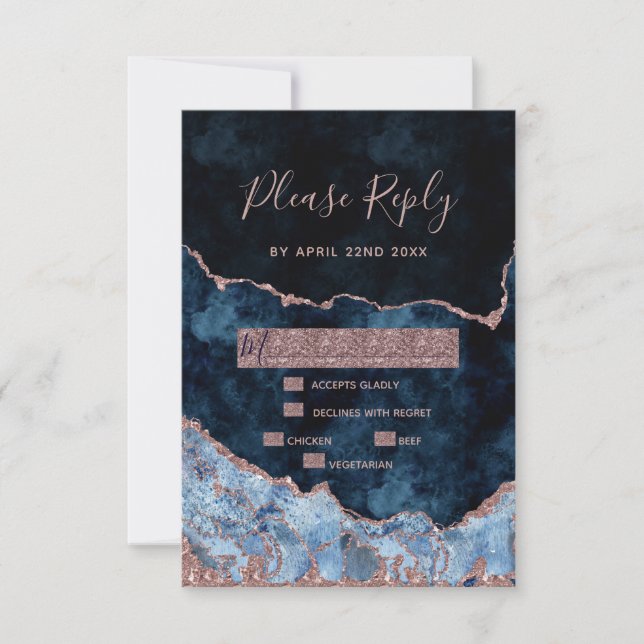 Navy Blue Rose Gold Agate Gilt Wedding RSVP Reply (Front)