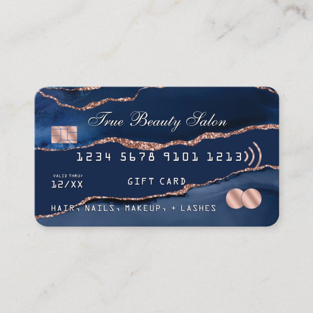 Navy Blue Rose Gold Agate Marble Credit Gift Card (Front)