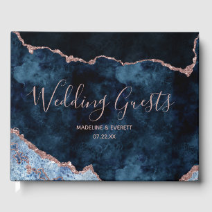 Navy Blue Rose Gold Agate Marble Gilded Wedding Guest Book