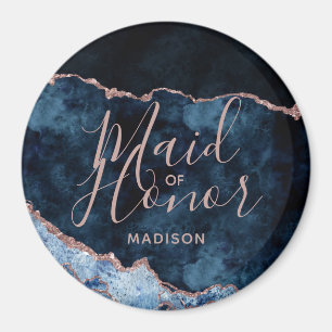 Navy Blue & Rose Gold Agate Marble Maid of Honour Magnet