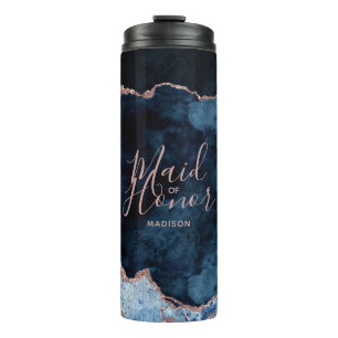 Navy Blue & Rose Gold Agate Marble Maid of Honour Thermal Tumbler