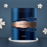 Navy Blue rose gold agate marble name 2025 Planner<br><div class="desc">Blue rose gold agate,  marble stone print as background.  Personalise and add your name. The name is written with a modern hand lettered style script.</div>