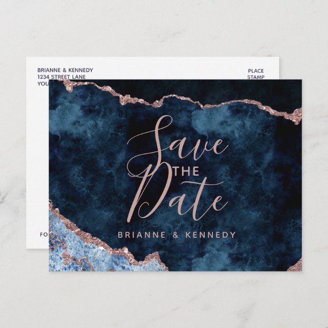 Navy Blue Rose Gold Agate Marble Save the Date Announcement Postcard (Front/Back)
