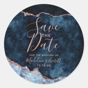 Navy Blue Rose Gold Agate Marble Save the Date Classic Round Sticker