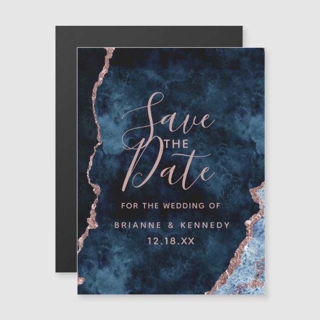 Navy Blue Rose Gold Agate Marble Save the Date Magnetic Invitation (Front/Back)