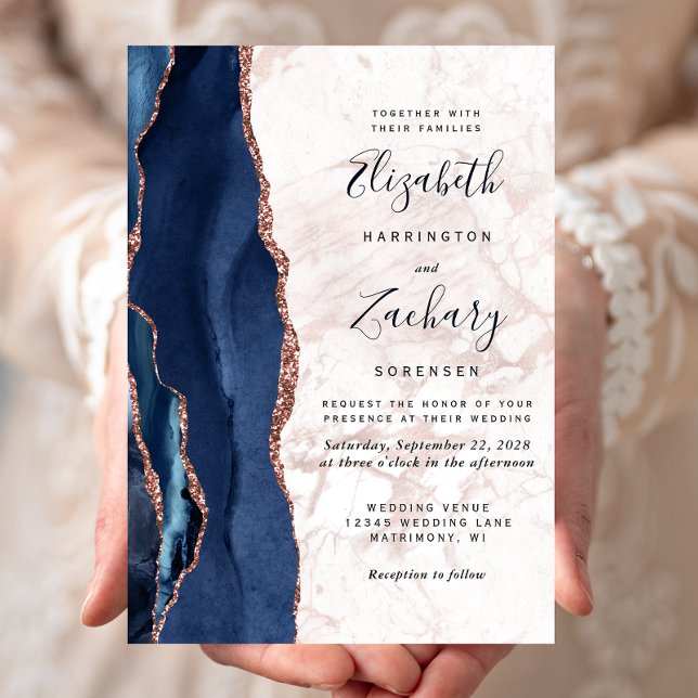 Navy Blue Rose Gold Agate Marble Wedding Invitation (Creator Uploaded)