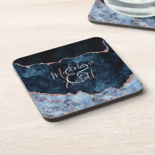 Navy Blue Rose Gold Agate Marble Wedding Monogram Coaster