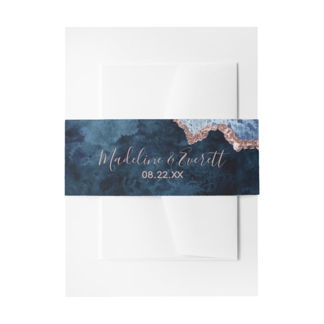 Navy Blue Rose Gold Agate Marble Wedding Monogram Invitation Belly Band (Front Example)