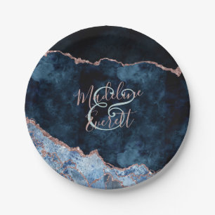 Navy Blue Rose Gold Agate Marble Wedding Monogram Paper Plate