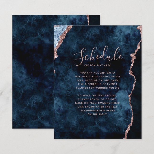 Navy Blue Rose Gold Agate Marble Wedding Schedule Invitation (Front/Back)