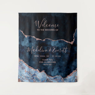 Navy Blue Rose Gold Agate Marble Wedding Welcome Tapestry