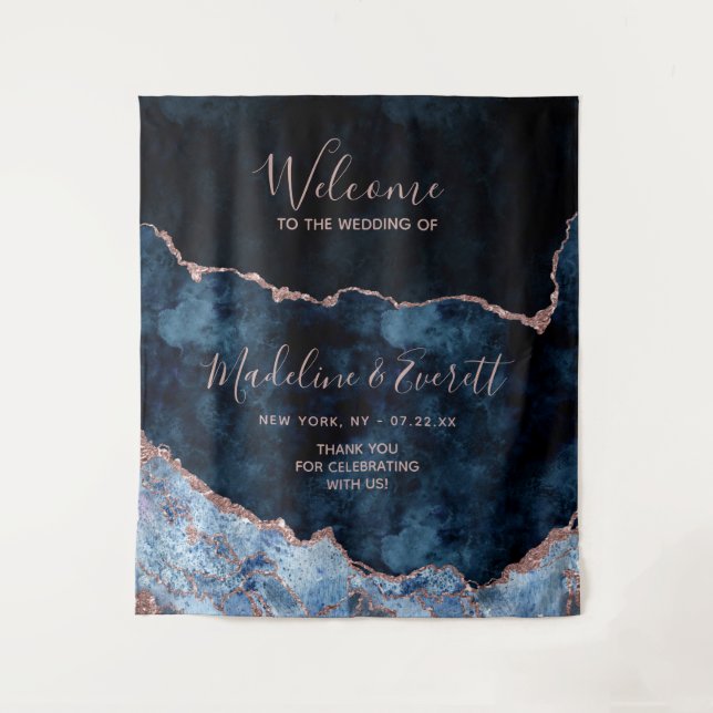 Navy Blue Rose Gold Agate Marble Wedding Welcome Tapestry (Front)
