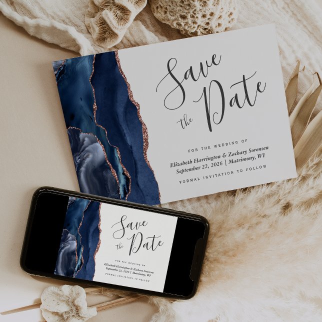 Navy Blue Rose Gold Agate Save the Date Card (Creator Uploaded)