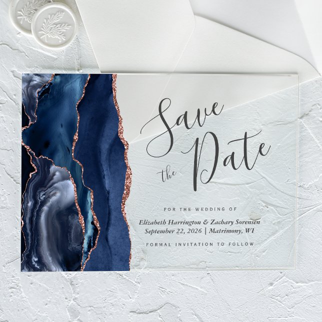 Navy Blue Rose Gold Agate Save the Date Card Acrylic Invitations (Creator Uploaded)