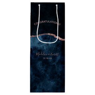 Navy Blue Rose Gold Agate Wedding Congratulations Wine Gift Bag
