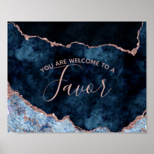 Navy Blue Rose Gold Agate Wedding Favor Table Sign