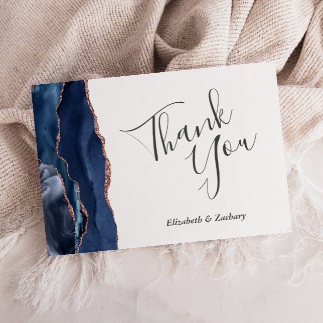 Navy Blue Rose Gold Agate Wedding Flat Thank You Card (Creator Uploaded)