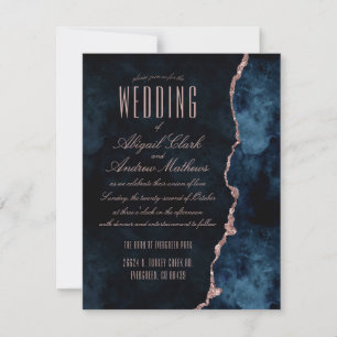 Navy Blue & Rose Gold Agate Wedding Invitations
