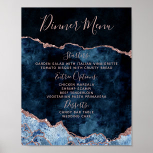Navy Blue Rose Gold Agate Wedding Menu Table Sign