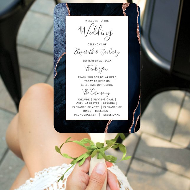 Navy Blue Rose Gold Agate Wedding Program Hand Fan (Creator Uploaded)