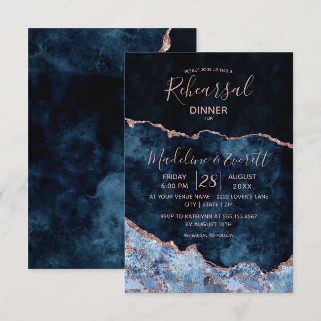 Navy Blue Rose Gold Agate Wedding Rehearsal Dinner Invitation (Front/Back)