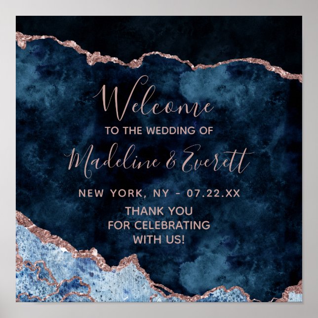 Navy Blue Rose Gold Agate Wedding Welcome Sign (Front)