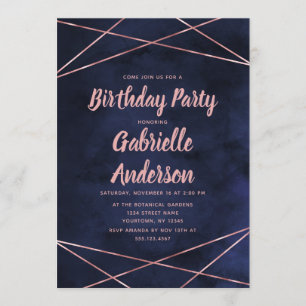 Navy Blue & Rose Gold Birthday Party Invitation