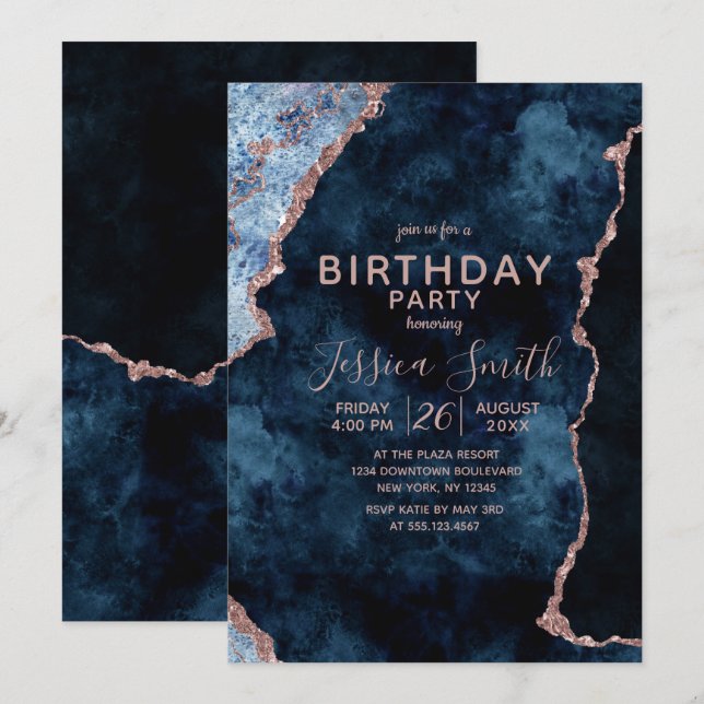 Navy Blue & Rose Gold Birthday Party Invitation (Front/Back)