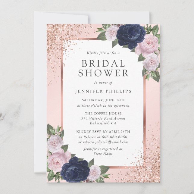 Navy Blue Rose Gold Blush Floral Bridal Shower Invitation (Front)