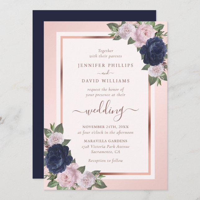 Navy Blue Rose Gold Blush Floral Wedding Invitation (Front/Back)