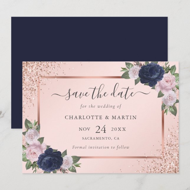 Navy Blue Rose Gold Blush Floral Wedding Save The Date (Front/Back)